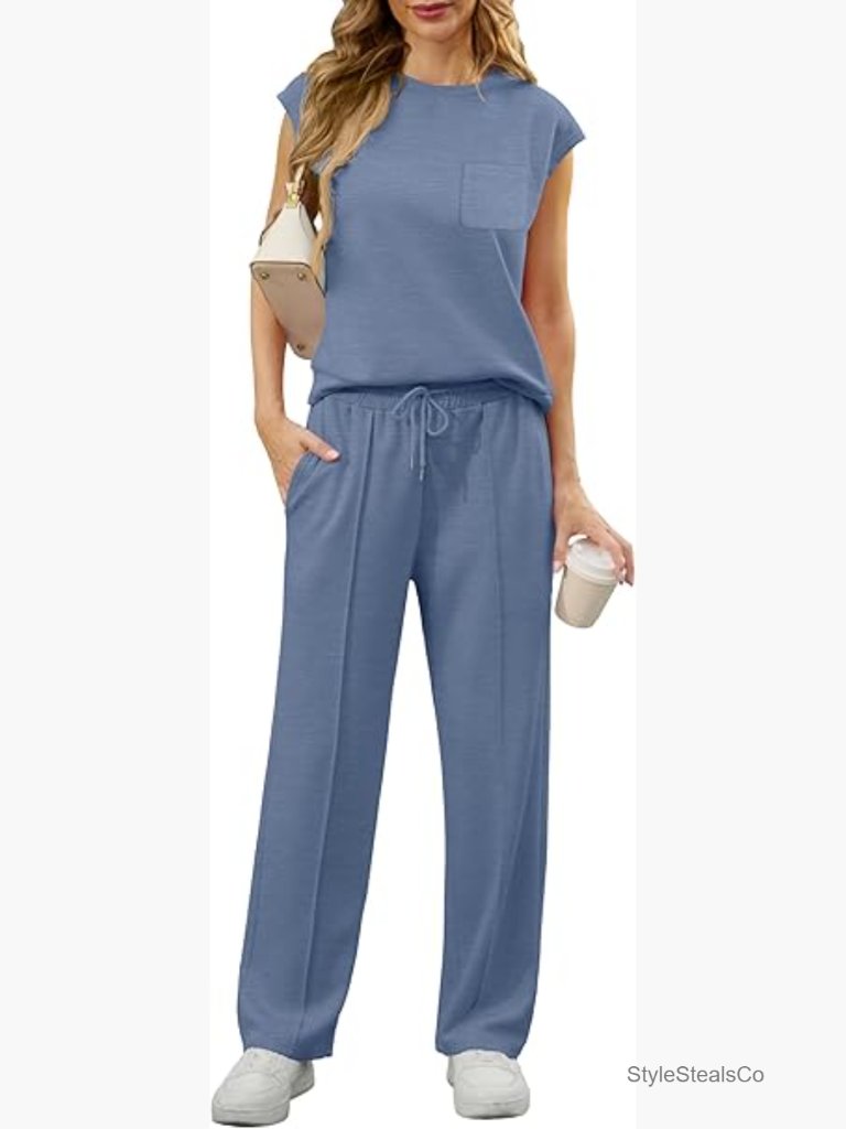Sleeveless Sweatsuit Set Wide Leg Pants Lounge Wear Lightweight Stretch Fabric